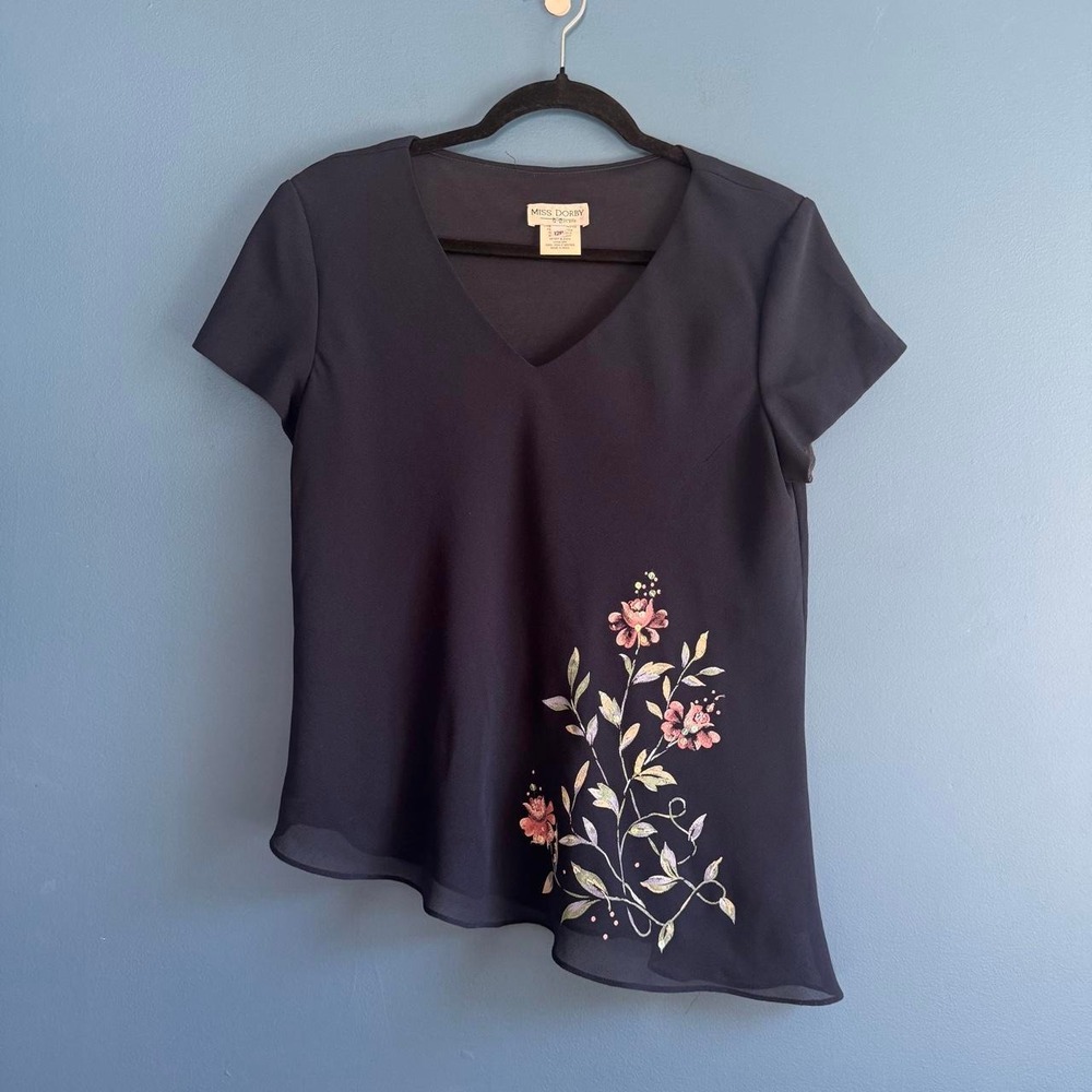 Vintage 90s Blouse Women's Size 12 Petite Miss Dorby Blue Floral Chiffon Romance
